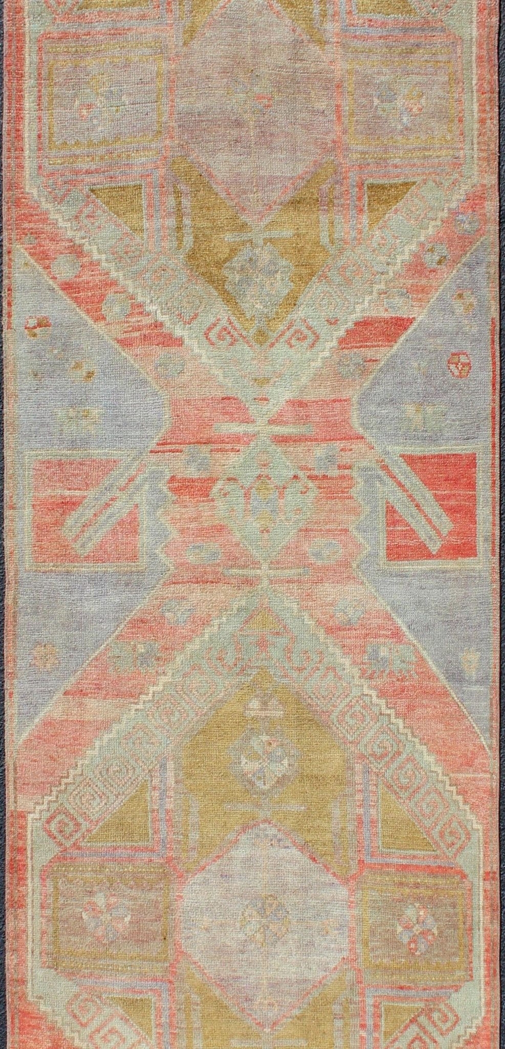 Vintage Turkish Oushak Runner with Medallions in Acid Green, Blue, Red and Green Colorful Dual medallion vintage Oushak gallery runner from Turkey with Medallions. Keivan Woven Arts / rug EN - 165986, country of origin / type: Turkey / Oushak, cir... - Keivan Woven ArtsEN - 165986 - 12691Rug