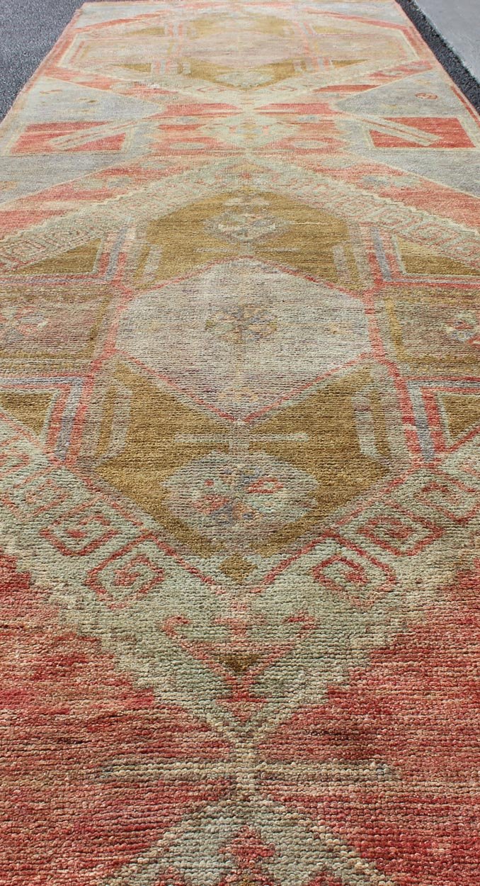 Vintage Turkish Oushak Runner with Medallions in Acid Green, Blue, Red and Green Colorful Dual medallion vintage Oushak gallery runner from Turkey with Medallions. Keivan Woven Arts / rug EN - 165986, country of origin / type: Turkey / Oushak, cir... - Keivan Woven ArtsEN - 165986 - 12691Rug