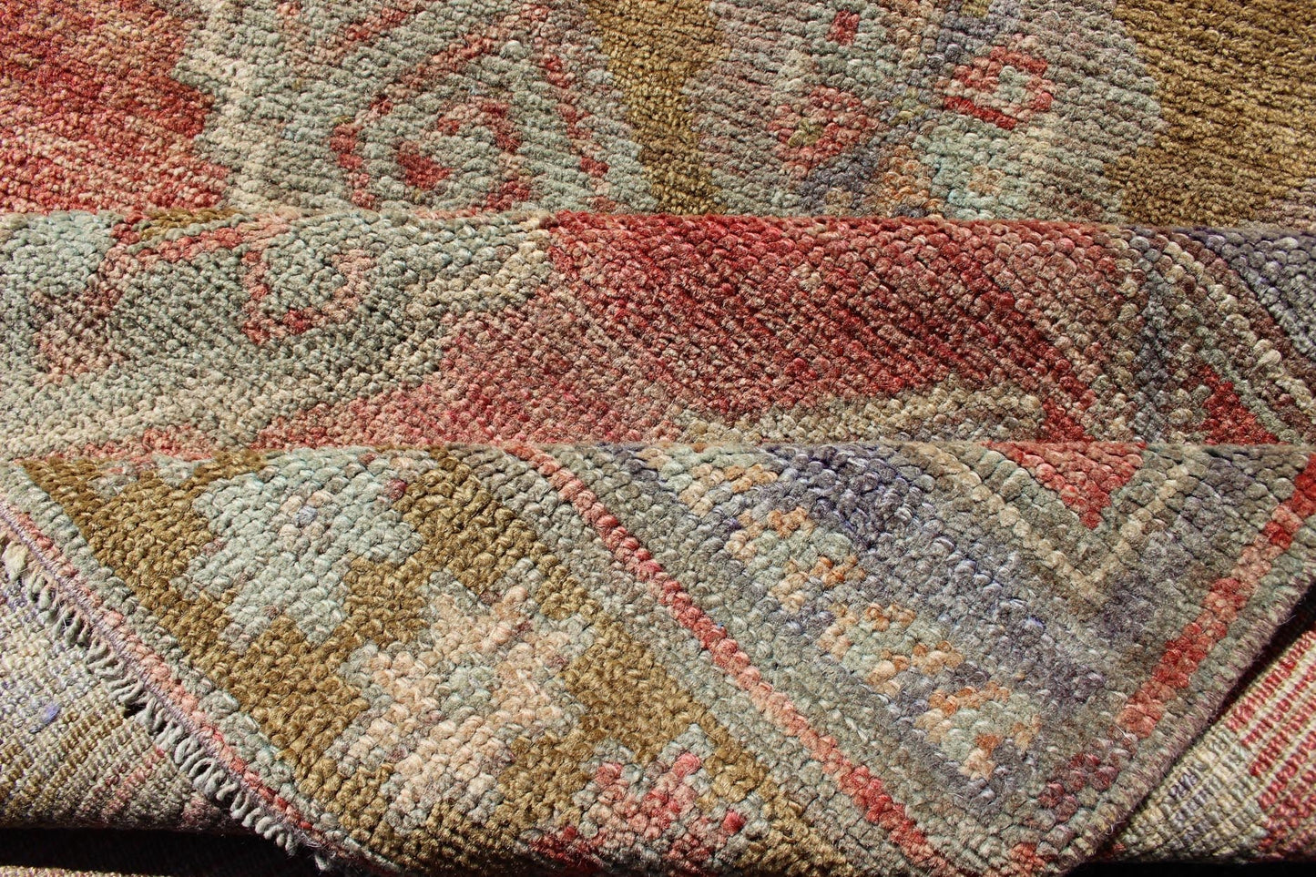 Vintage Turkish Oushak Runner with Medallions in Acid Green, Blue, Red and Green Colorful Dual medallion vintage Oushak gallery runner from Turkey with Medallions. Keivan Woven Arts / rug EN - 165986, country of origin / type: Turkey / Oushak, cir... - Keivan Woven ArtsEN - 165986 - 12691Rug