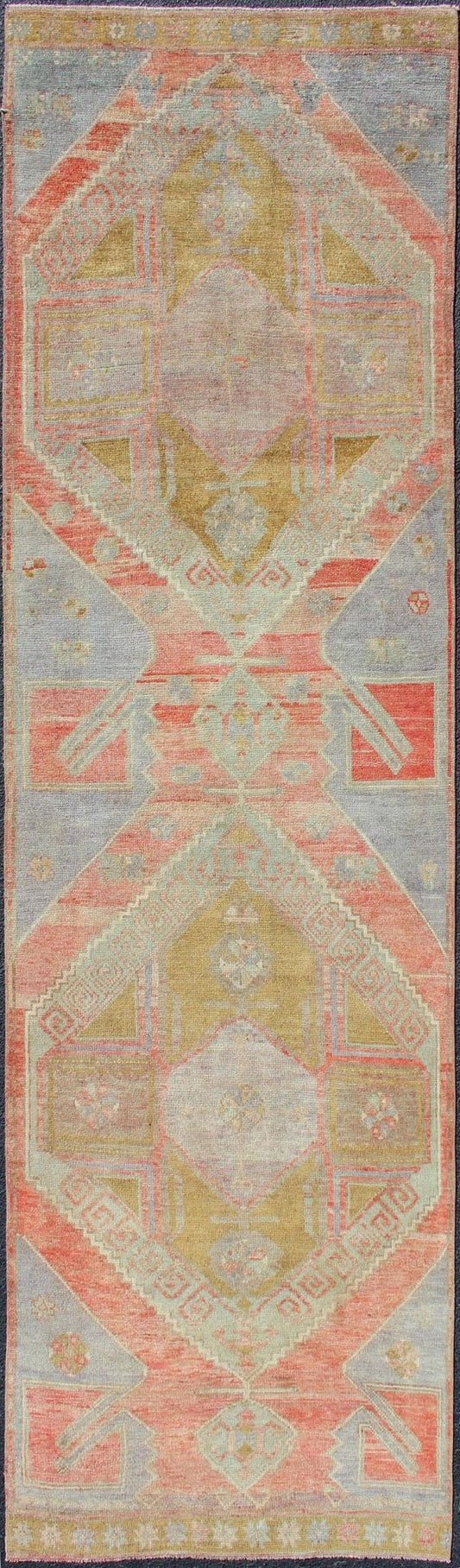 Vintage Turkish Oushak Runner with Medallions in Acid Green, Blue, Red and Green Colorful Dual medallion vintage Oushak gallery runner from Turkey with Medallions. Keivan Woven Arts / rug EN - 165986, country of origin / type: Turkey / Oushak, cir... - Keivan Woven ArtsEN - 165986 - 12691Rug