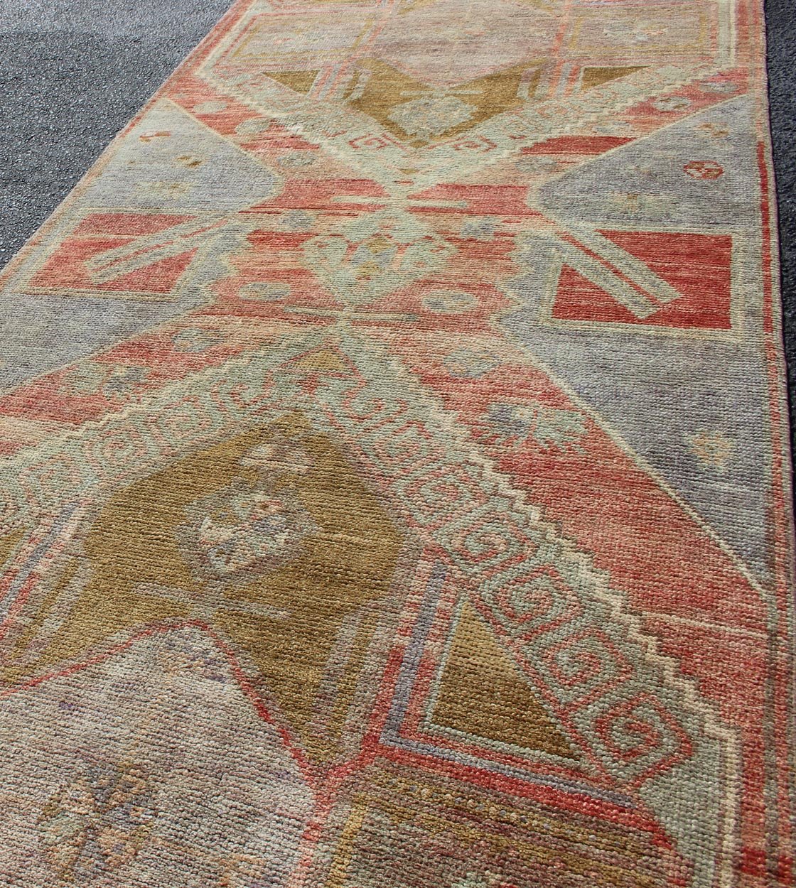 Vintage Turkish Oushak Runner with Medallions in Acid Green, Blue, Red and Green Colorful Dual medallion vintage Oushak gallery runner from Turkey with Medallions. Keivan Woven Arts / rug EN - 165986, country of origin / type: Turkey / Oushak, cir... - Keivan Woven ArtsEN - 165986 - 12691Rug