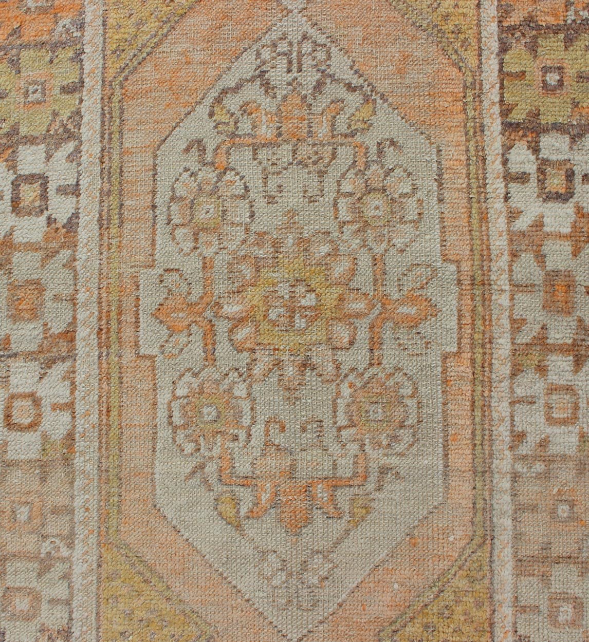 Vintage Turkish Oushak Runner with Geometric Design in Light Blue, Orange, Brown Orange, Light yellow, light Brown, light gray blue, and multi colors vintage Turkish Oushak runner with Geometric medallions, Keivan Woven Arts / rug EN - 176036, cou... - Keivan Woven ArtsEN - 176036 - 10964Rug