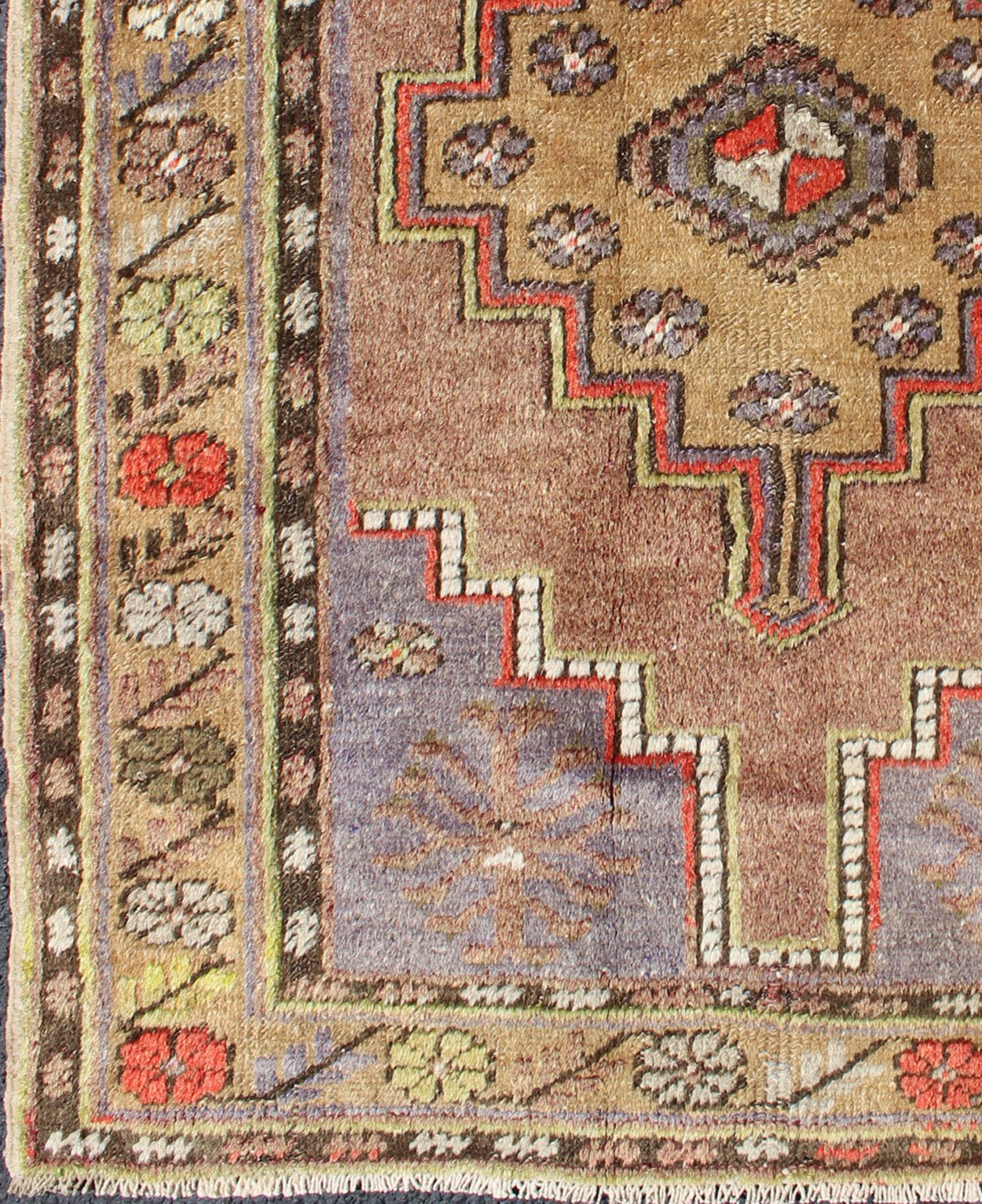 Colorful Vintage Turkish Oushak With Geometric Design. Vintage Turkish runner in green, soft yellow, pale purple, ivory, red, tan & taupe, Keivan Woven Arts/ rug EN - 176061, country of origin / type: Turkey / Oushak, circa 1940 Measures:3'... - Keivan Woven ArtsEN - 176061 - 10239Rug