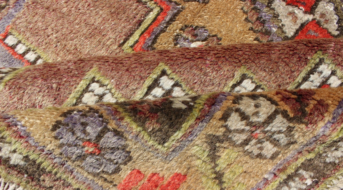 Colorful Vintage Turkish Oushak With Geometric Design. Vintage Turkish runner in green, soft yellow, pale purple, ivory, red, tan & taupe, Keivan Woven Arts/ rug EN - 176061, country of origin / type: Turkey / Oushak, circa 1940 Measures:3'... - Keivan Woven ArtsEN - 176061 - 10239Rug
