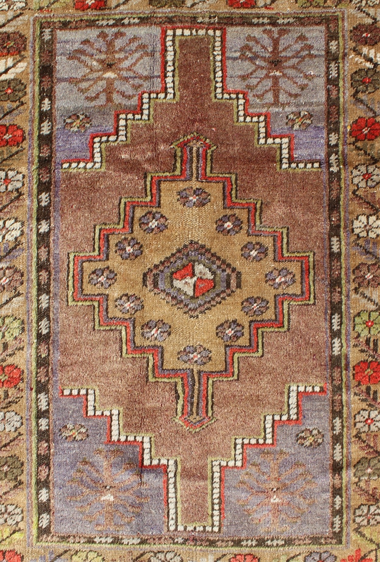 Colorful Vintage Turkish Oushak With Geometric Design. Vintage Turkish runner in green, soft yellow, pale purple, ivory, red, tan & taupe, Keivan Woven Arts/ rug EN - 176061, country of origin / type: Turkey / Oushak, circa 1940 Measures:3'... - Keivan Woven ArtsEN - 176061 - 10239Rug