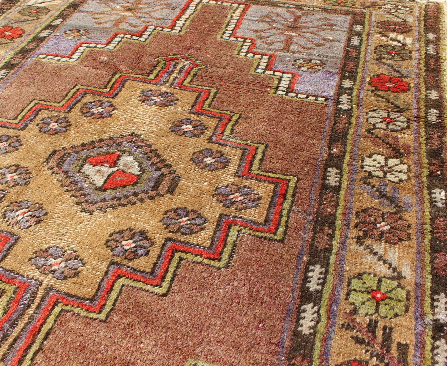 Colorful Vintage Turkish Oushak With Geometric Design. Vintage Turkish runner in green, soft yellow, pale purple, ivory, red, tan & taupe, Keivan Woven Arts/ rug EN - 176061, country of origin / type: Turkey / Oushak, circa 1940 Measures:3'... - Keivan Woven ArtsEN - 176061 - 10239Rug