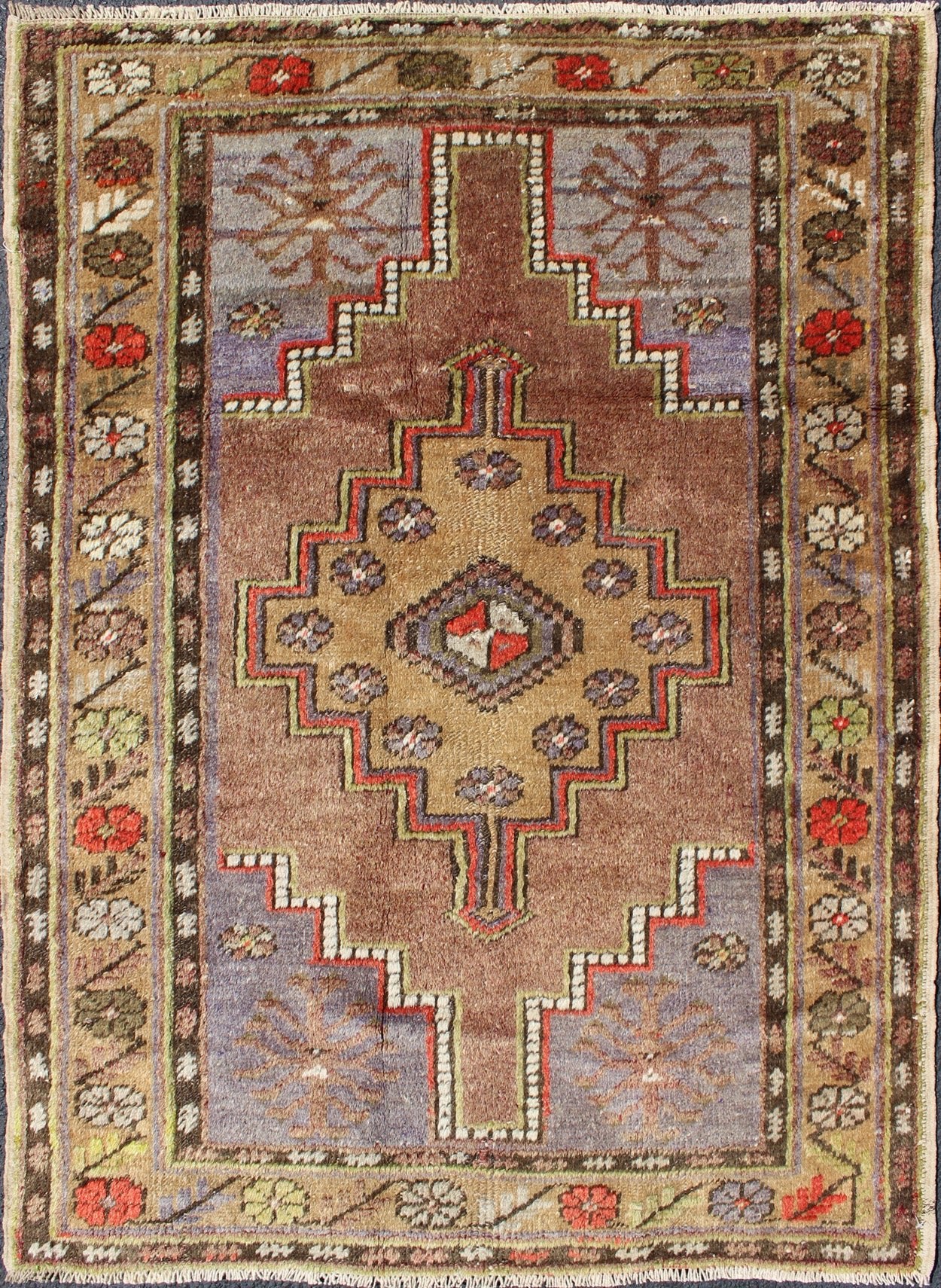 Colorful Vintage Turkish Oushak With Geometric Design. Vintage Turkish runner in green, soft yellow, pale purple, ivory, red, tan & taupe, Keivan Woven Arts/ rug EN - 176061, country of origin / type: Turkey / Oushak, circa 1940 Measures:3'... - Keivan Woven ArtsEN - 176061 - 10239Rug