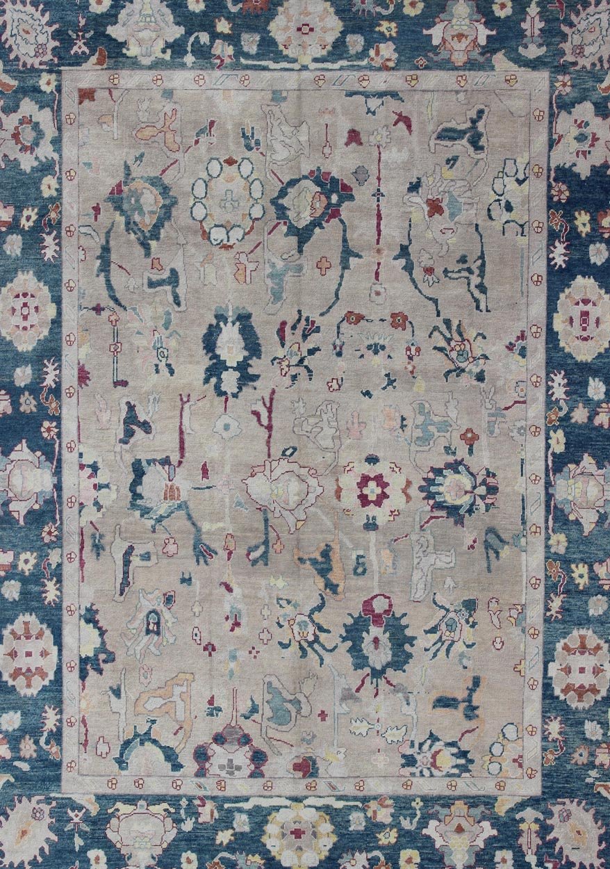 Oushak rug from Turkey with floral blossom all - over design rendered in gray, blue, ivory, and red tones, rug en - 176142, country of origin or type: Turkey or Oushak This striking Turkish Oushak rug bears a gray - colored body that is highlighted by... - Keivan Woven ArtsEN - 176142 - 10972Rug