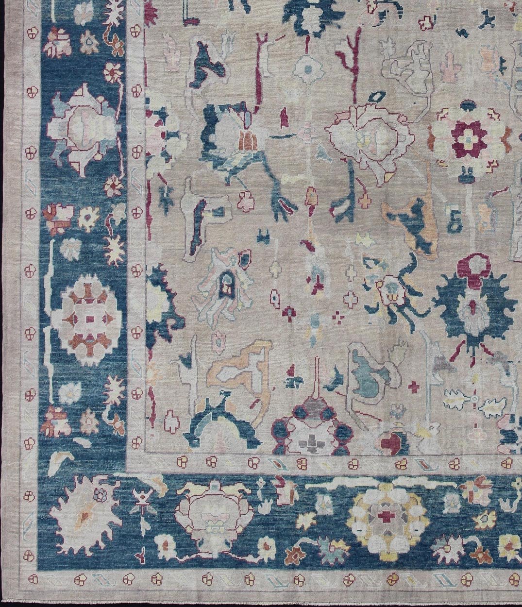Oushak rug from Turkey with floral blossom all - over design rendered in gray, blue, ivory, and red tones, rug en - 176142, country of origin or type: Turkey or Oushak This striking Turkish Oushak rug bears a gray - colored body that is highlighted by... - Keivan Woven ArtsEN - 176142 - 10972Rug