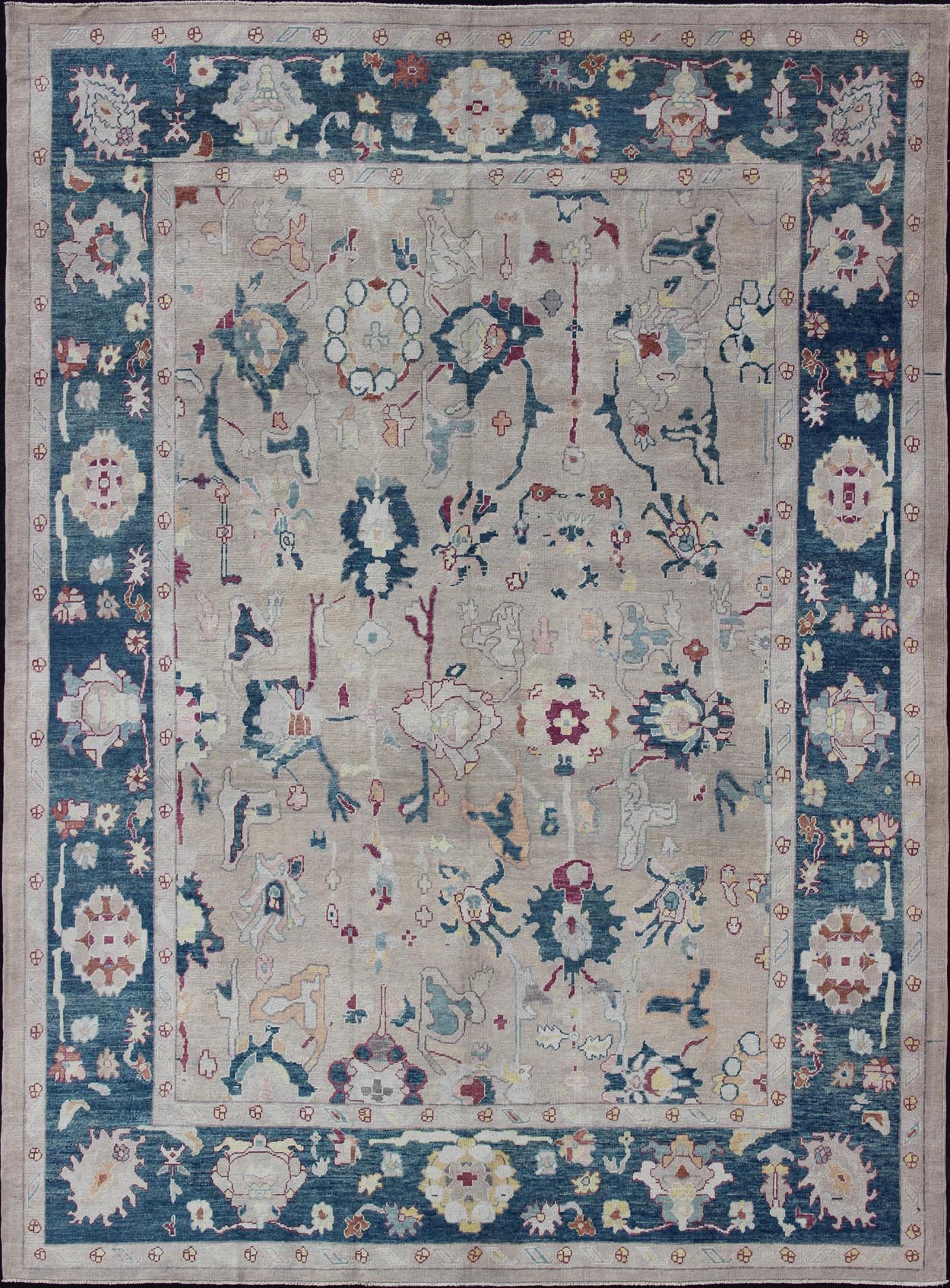 Oushak rug from Turkey with floral blossom all - over design rendered in gray, blue, ivory, and red tones, rug en - 176142, country of origin or type: Turkey or Oushak This striking Turkish Oushak rug bears a gray - colored body that is highlighted by... - Keivan Woven ArtsEN - 176142 - 10972Rug