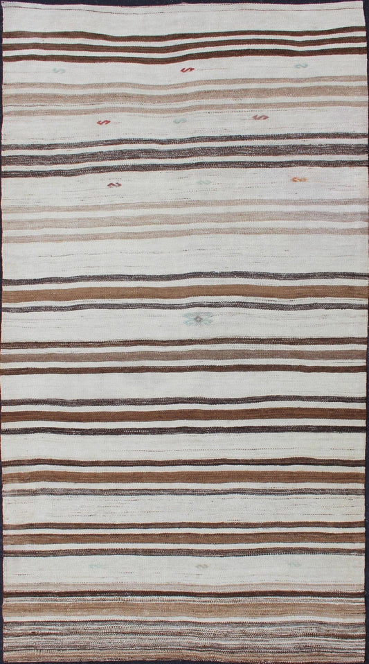 Striped Turkish Vintage Kilim Flat - Weave Rug in Shades of Browns Taupe and Ivory Keivan Woven Arts - Ivory and brown vintage Kilim from Turkey with Minimalist design in stripes, rug EN - 176194, country of origin / type: Turkey / Kilim, circa 1950 ... - Keivan Woven ArtsEN - 176194 - 12721Rug