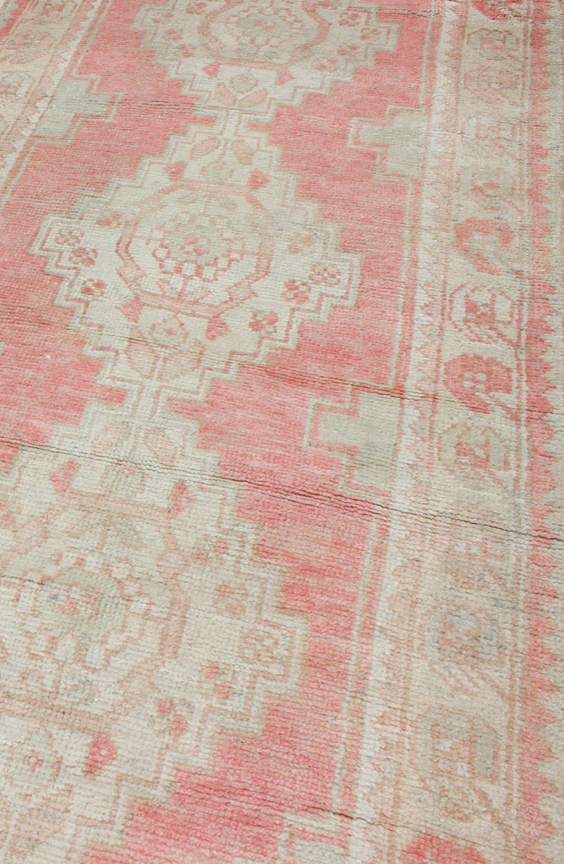 Vintage Turkish Oushak Runner with Multi - Medallion Design in Muted Red and Ivory Vintage Oushak Runner from Turkey with Vertical Medallion Design in Coral, Ivory, and Light Green, rug en - 176247, country of origin / type: Turkey / Oushak, circa 1... - Keivan Woven ArtsEN - 176247 - 10249Rug