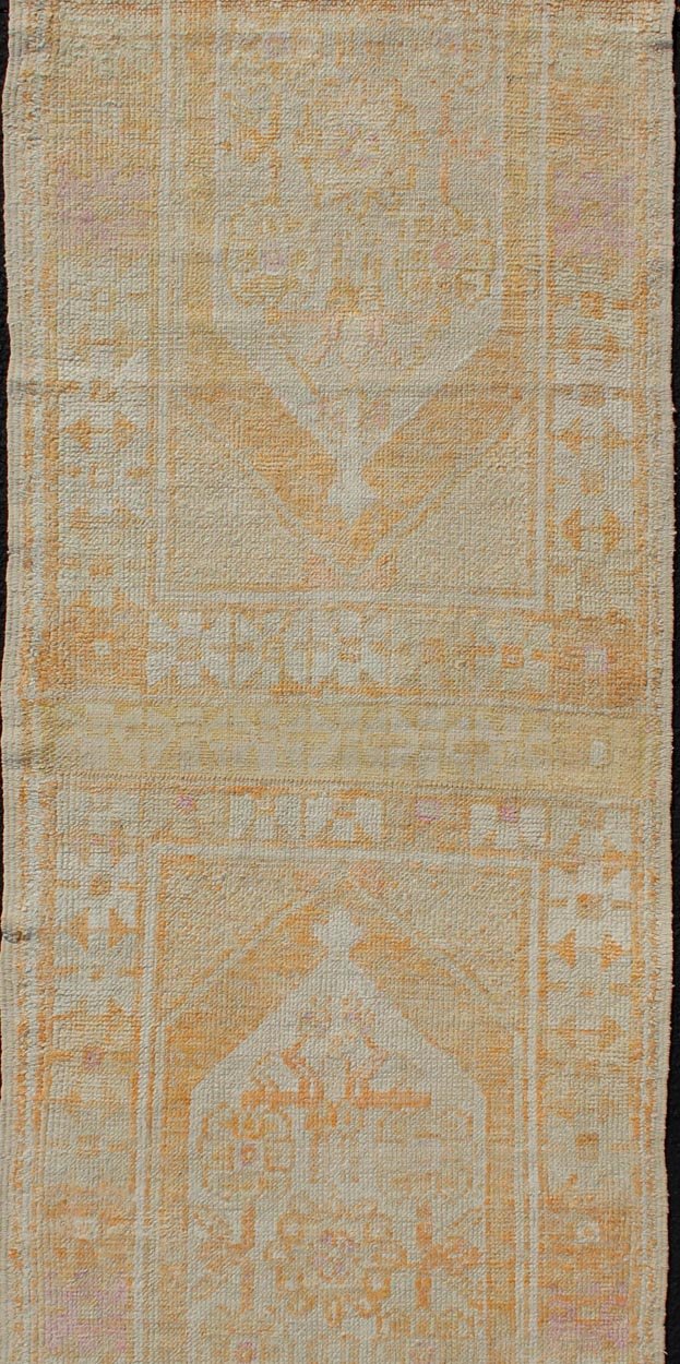 Vintage Turkish Oushak Runner With Medallion's in Light Blue, Cream, Light Orange Dual Panel Oushak runner from Turkey with Medallions, Keivan Woven Arts / rug EN - 176297, country of origin / type: Turkey / Oushak, circa 1940 This vintage... - Keivan Woven ArtsEN - 176297 - 11004Rug