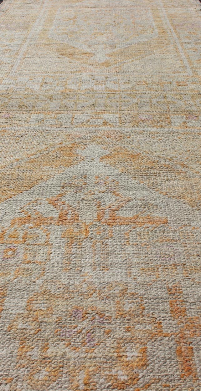 Vintage Turkish Oushak Runner With Medallion's in Light Blue, Cream, Light Orange Dual Panel Oushak runner from Turkey with Medallions, Keivan Woven Arts / rug EN - 176297, country of origin / type: Turkey / Oushak, circa 1940 This vintage... - Keivan Woven ArtsEN - 176297 - 11004Rug
