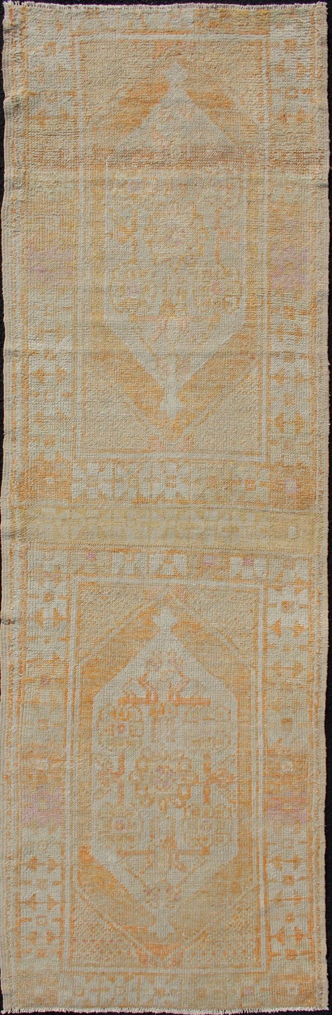 Vintage Turkish Oushak Runner With Medallion's in Light Blue, Cream, Light Orange Dual Panel Oushak runner from Turkey with Medallions, Keivan Woven Arts / rug EN - 176297, country of origin / type: Turkey / Oushak, circa 1940 This vintage... - Keivan Woven ArtsEN - 176297 - 11004Rug