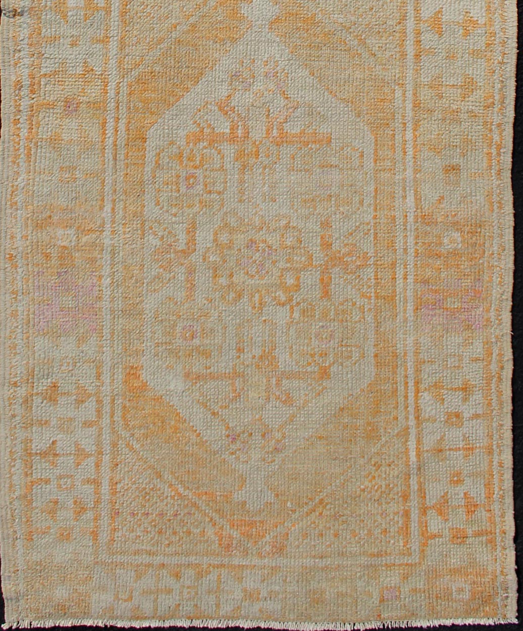 Vintage Turkish Oushak Runner With Medallion's in Light Blue, Cream, Light Orange Dual Panel Oushak runner from Turkey with Medallions, Keivan Woven Arts / rug EN - 176297, country of origin / type: Turkey / Oushak, circa 1940 This vintage... - Keivan Woven ArtsEN - 176297 - 11004Rug