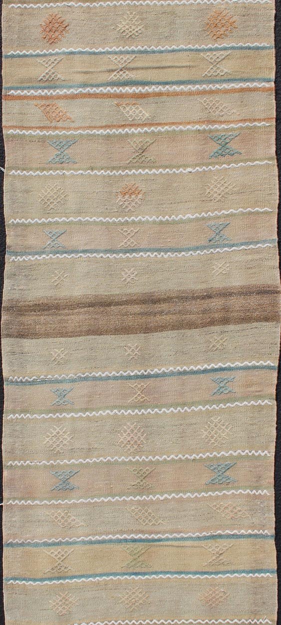 Vintage Turkish Kilim Runner In Stripe and Modern Design with Geometric Motif Vintage Turkish Kilim runner with a stripe and modern design with motif of geometric design Minimalist stripe design Kilim runner from Turkey, rug en - 10, Keivan Woven... - Keivan Woven ArtsEN - 176422 - 11016Rug