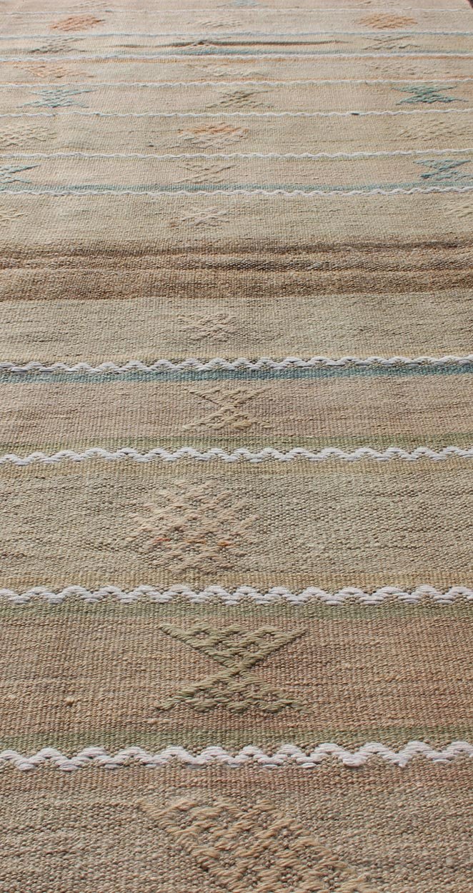 Vintage Turkish Kilim Runner In Stripe and Modern Design with Geometric Motif Vintage Turkish Kilim runner with a stripe and modern design with motif of geometric design Minimalist stripe design Kilim runner from Turkey, rug en - 10, Keivan Woven... - Keivan Woven ArtsEN - 176422 - 11016Rug