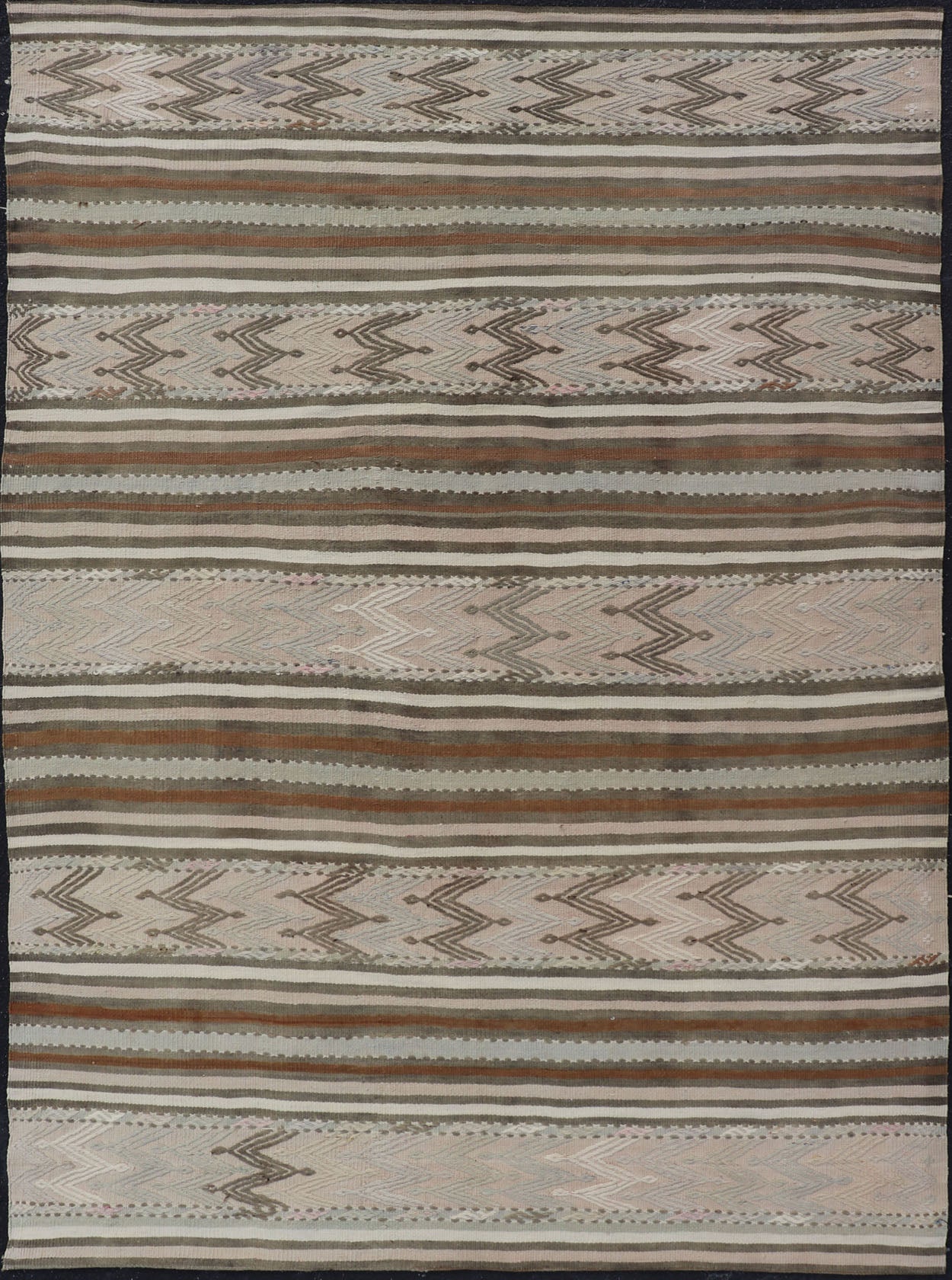 Turkish Flat - Weave Kilim in Muted Colors with Stripes and Embroideries Turkish Kilim vintage carpet in light taupe, green, Tan, Light Brown, and beige and cream, Keivan Woven Arts / rug EN - 176476, country of origin / type: Turkey / Kilim, ci... - Keivan Woven ArtsEN - 176476 - 17460Rug