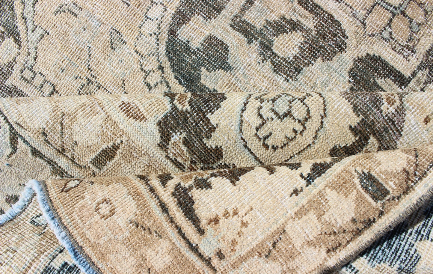 Antique Persian Haj - Jalili Tabriz Rug with Geometric Medallion Design in D. Charcoal, Light Honey, Light blue & Taupe This wonderful antique Persian Tabriz with geometrics and flora in dark gray medallion, cornices and border Keivan Woven Arts ... - Keivan Woven ArtsEN - 176489 - 10177Rug