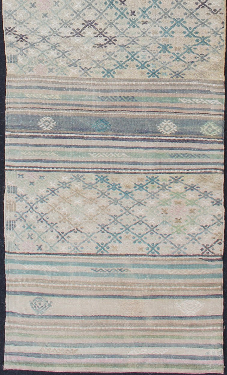 Geometric Stripe Vintage Hand Woven Turkish Kilim Flat - Weave Runner Turkish Kilim vintage carpet in green, ivory, and cream, Keivan Woven Arts; rug en - 176525 - 2, country of origin / type: Turkey / Kilim, circa 1950 This Oushak rug from Tur... - Keivan Woven ArtsEN - 176525 - 2 - 11401Rug