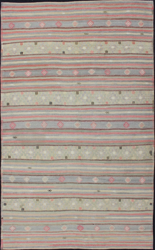 Colorful Vintage Turkish Embroidered Flatweave Rug with Striped Geometric Design . Keivan Woven Arts - Horizontal stripe design flat - weave Kilim from Turkey vintage in pink, light green, light blue, brown, yellow, and cream, rug EN - 176549, country of ... - Keivan Woven ArtsEN - 176549 - 12737Rug