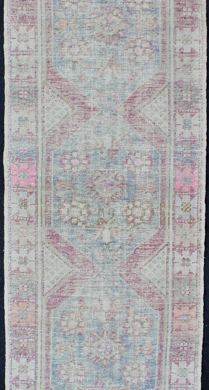 Distressed Vintage Turkish Oushak Runner in Light Purple, Light Green and light Blue Lightpurple, light green and light blue vintage Oushak runner with Multi - Medallion Design, rug en - 176562, country of origin / type: Turkey / Oushak, circa 1940... - Keivan Woven ArtsEN - 176562 - 10263Rug