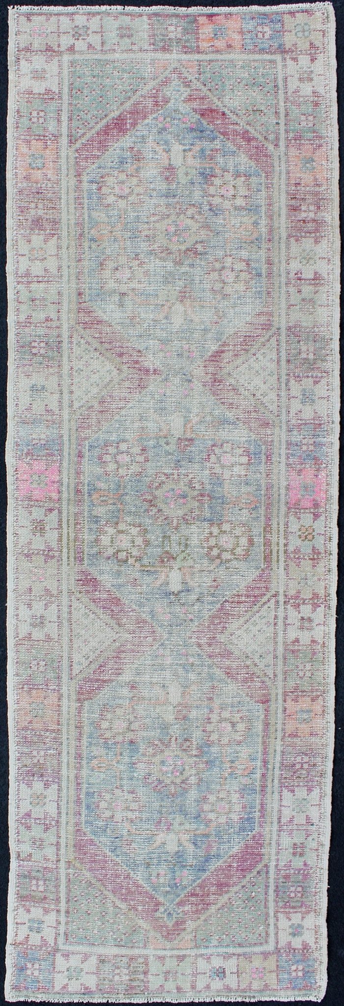 Distressed Vintage Turkish Oushak Runner in Light Purple, Light Green and light Blue Lightpurple, light green and light blue vintage Oushak runner with Multi - Medallion Design, rug en - 176562, country of origin / type: Turkey / Oushak, circa 1940... - Keivan Woven ArtsEN - 176562 - 10263Rug