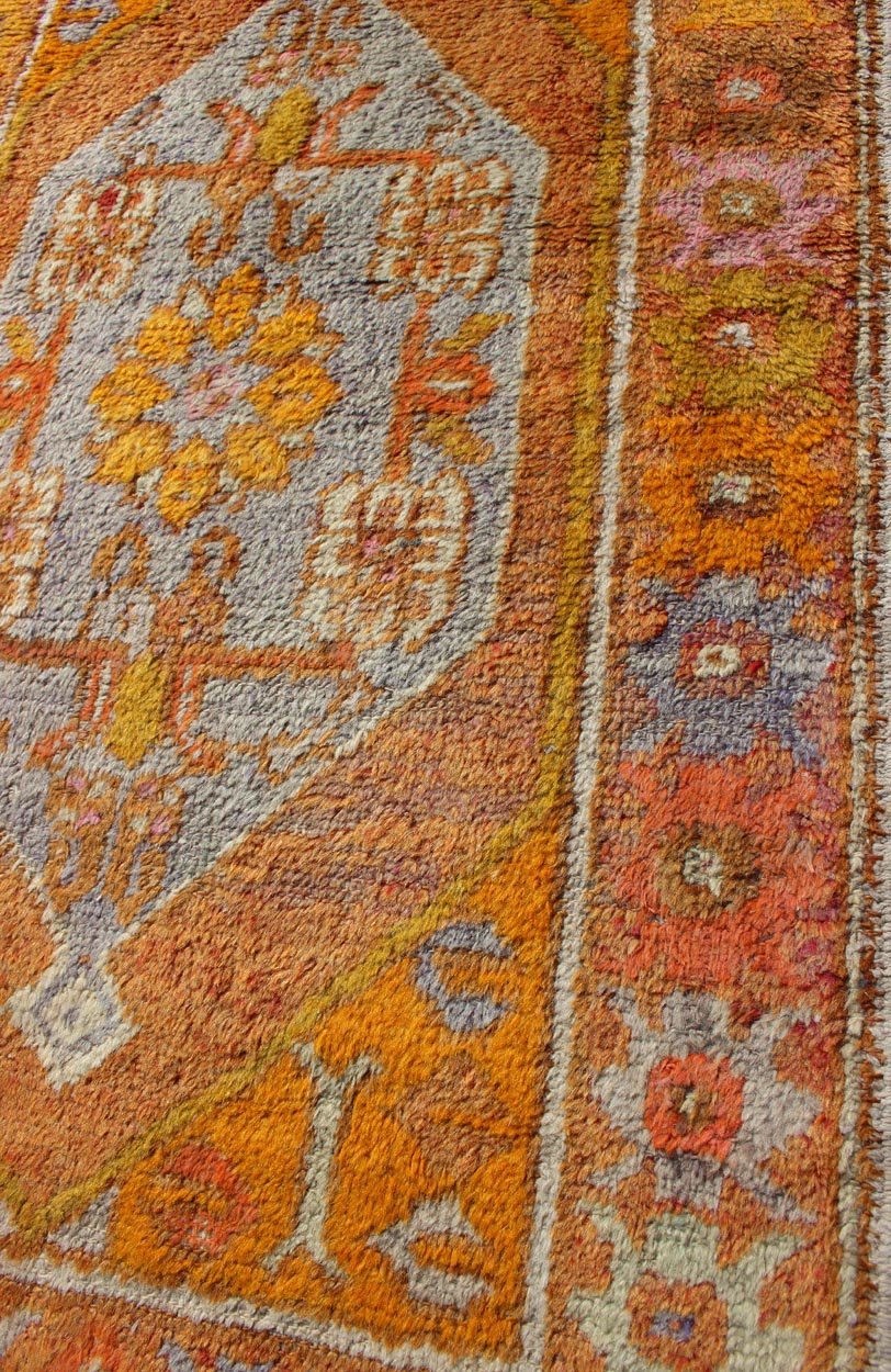 Vintage Turkish Oushak in Orange, Copper& Yellow Tones With Geometric Medallion. Vintage Turkish Oushak rug with geometric medallion, rug EN - 176568, country of origin / type: Turkey / Oushak, circa 1930 This Oushak runner features a uniq... - Keivan Woven ArtsEN - 176568 - 10688Rug
