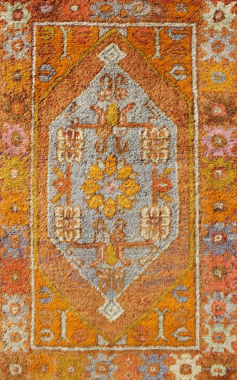 Vintage Turkish Oushak in Orange, Copper& Yellow Tones With Geometric Medallion. Vintage Turkish Oushak rug with geometric medallion, rug EN - 176568, country of origin / type: Turkey / Oushak, circa 1930 This Oushak runner features a uniq... - Keivan Woven ArtsEN - 176568 - 10688Rug