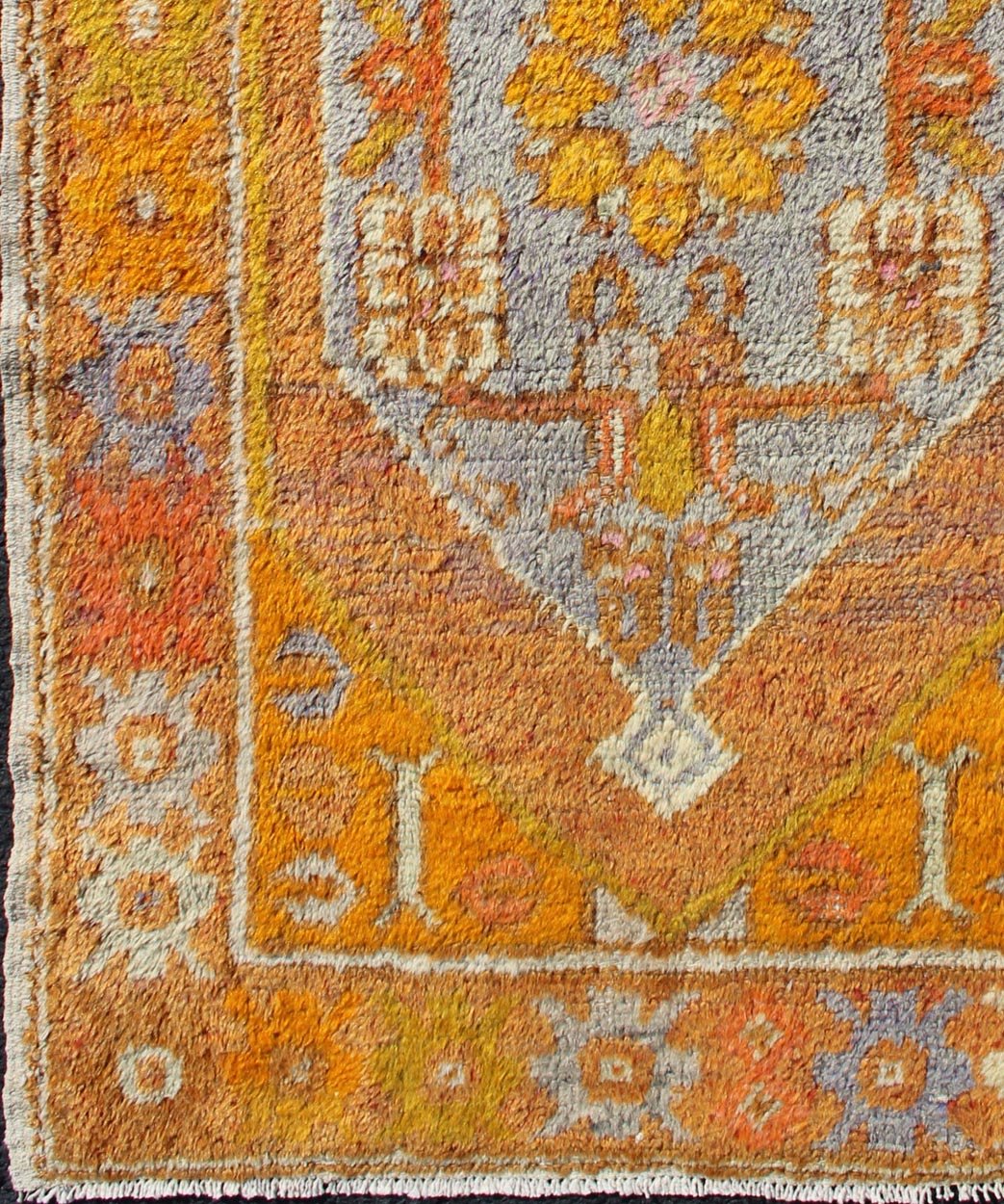 Vintage Turkish Oushak in Orange, Copper& Yellow Tones With Geometric Medallion. Vintage Turkish Oushak rug with geometric medallion, rug EN - 176568, country of origin / type: Turkey / Oushak, circa 1930 This Oushak runner features a uniq... - Keivan Woven ArtsEN - 176568 - 10688Rug