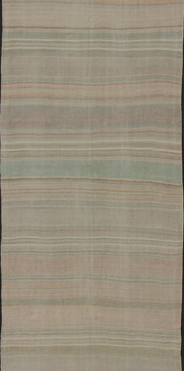 Modern Striped Design Vintage Turkish Kilim Gallery Runner in Shades of Brown and Earth Tones Muted Turkish vintage Kilim long runner with horizontal stripe design, Keivan Woven Arts rug/EN - 176580, country of origin / type: Iran / Kilim, circa ... - Keivan Woven ArtsEN - 176580 - 11040Rug