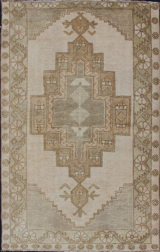 Vintage Turkish Oushak Rug in Sage Green, Taupe, Light Brown, and Light Green vintage oushak from Turkey with Medallion design in various tones of green, tan, sand, taupe and light green rug EN - 176671, country of origin / type: Turkey / oushak, ... - Keivan Woven ArtsEN - 176671 - 12581Rug