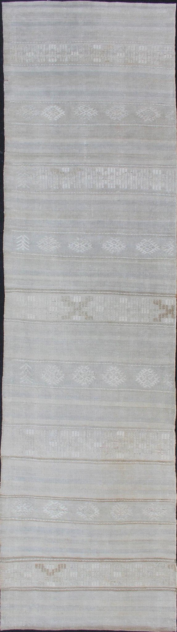 Vintage Hand Woven Turkish Kilim Runner With Stripes in Light Gray and Muted Tones Stripe design Kilim runner in cream, light gray, light taupe and muted tones. Keivan Woven Arts / rug EN - 176729 - 1, country of origin / type: Turkey / Kilim, circa... - Keivan Woven ArtsEN - 176729 - 1 - 11215Rug