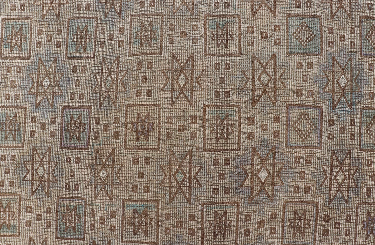 Vintage Turkish Embroidered Kilim in Light Green, Tan, and Hints of Lavender Measures: 5'0 x 9'8 This vintage flat weave Kilim was hand woven in Turkey during the 1950's. The light taupe field is decorated with tribal - like motifs, with ... - Keivan Woven ArtsEN - 176775 - 18878Rug