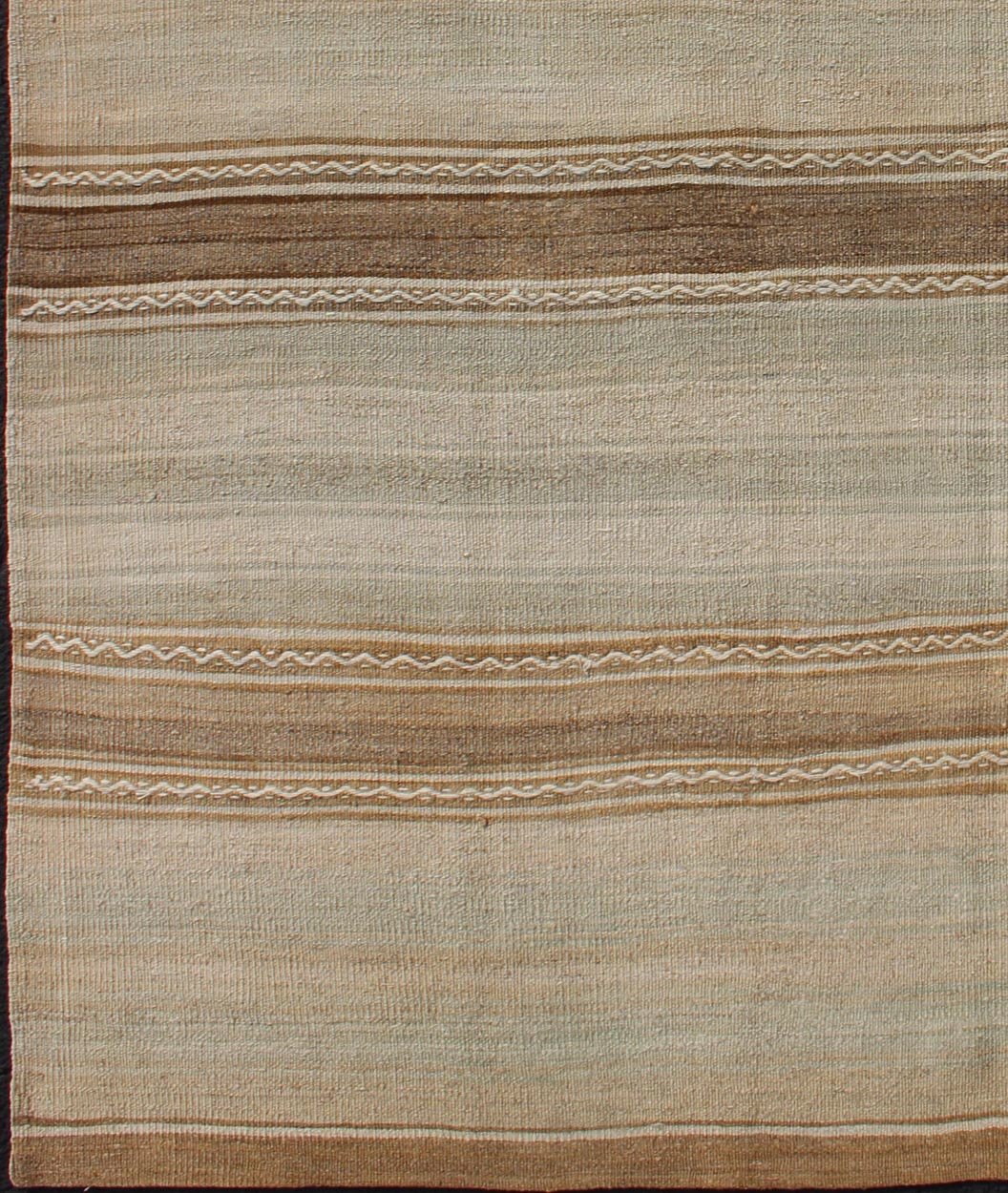 Turkish Vintage Kilim Rug With in Tan, Taupe, Brown, Faint Gray Blue, and Earth Tones. Minimalist stripe design Kilim from Turkey, Keivan Woven Arts/rug EN - 1768322, country of origin / type: Turkey / Kilim, circa 1950 This vintage flat - wo... - Keivan Woven ArtsEN - 1768322 - 11054Rug
