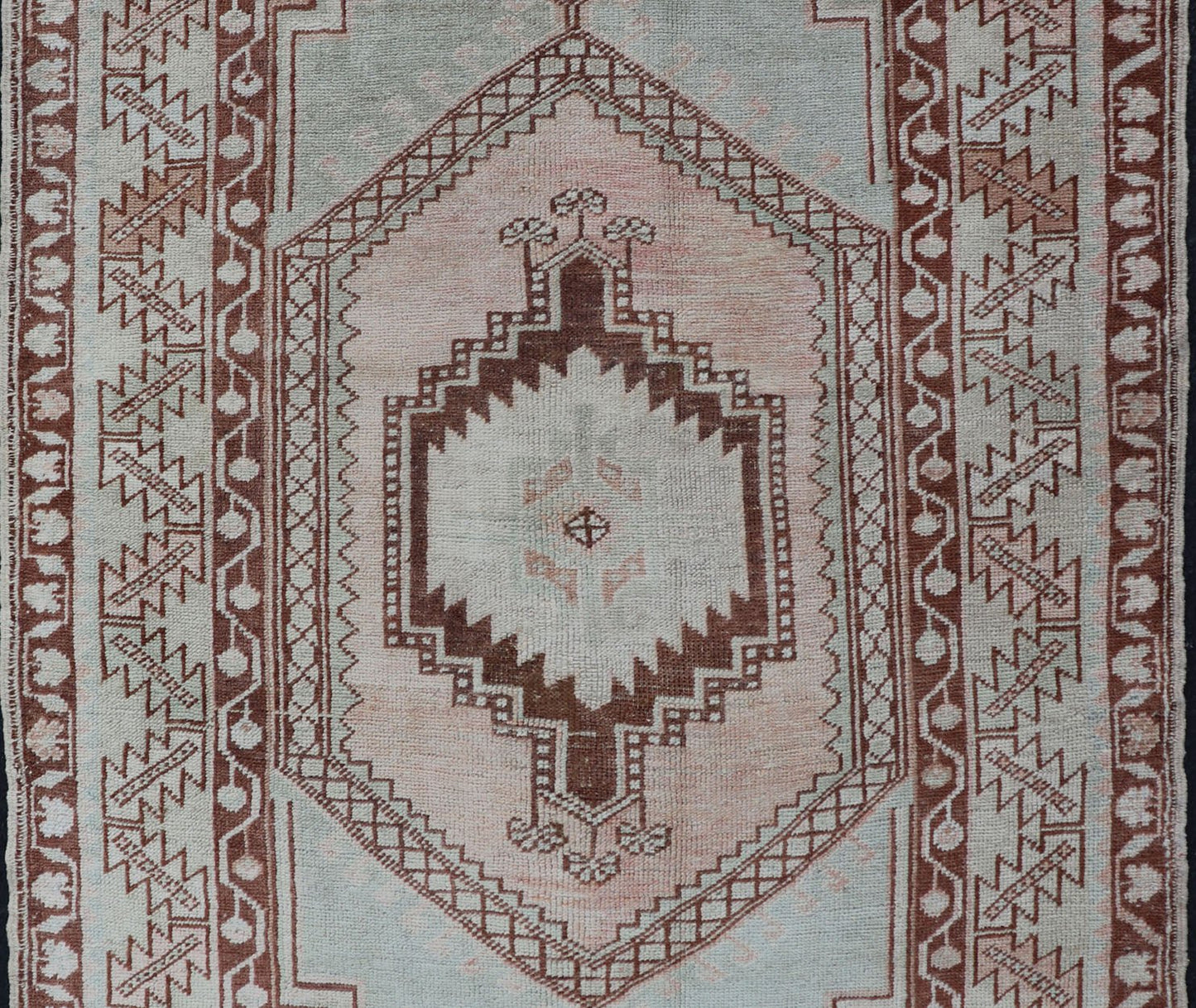 Turkish Oushak vintage rug with Traditional Design in Muted Blue, Brown, salmon. Vintage Muted color antique Turkish Oushak carpet with traditional floral medallion design, rug EN - 178029, country of origin / type: Turkey / Oushak, circa 1940 ... - Keivan Woven ArtsEN - 178029 - 14414Rug