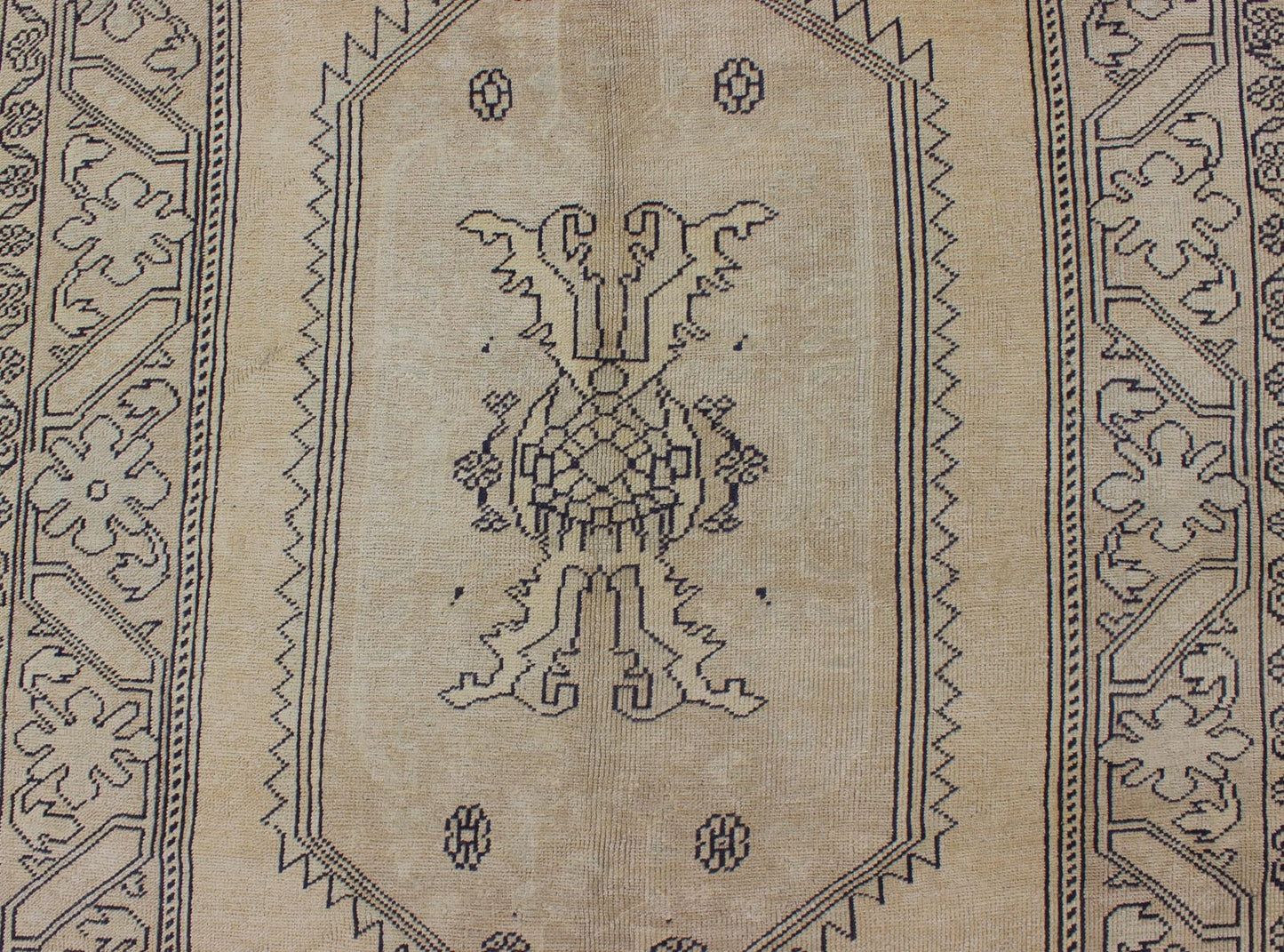 Vintage Cream and Charcoal Turkish Oushak Rug With Stylized Medallion Design Measures 5'0 x 8'7 This Turkish vintage Oushak rug, (circa 1940) features an intricately beautiful and highly stylized design. The central medallion is compleme... - Keivan Woven ArtsEN - 1781 - 5289Rug