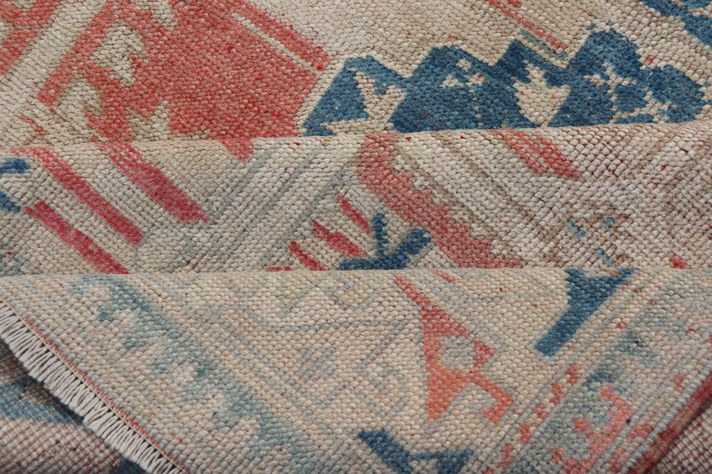 Tribal Medallion Design Vintage Turkish Oushak in Cream, Blue, and Terracotta Measures: 4'5 x 6'7 This vintage Oushak has repeating motifs in terracotta, cream, and blue encasing multiple motifs and the striped field. The eccentric fiel... - Keivan Woven ArtsEN - 178200 - 18884Rug