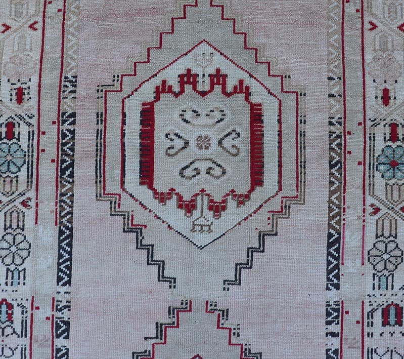Vintage Turkish Oushak Runner with Medallions in Cream, dark blue, pink and Red. Keivan Woven Arts / rug EN - 178468, country of origin / type: Turkey / Oushak, circa 1940. Measures: 3'7 x 10'6 This Turkish Oushak runner features stylized ... - Keivan Woven ArtsEN - 178468 - 23631Rug