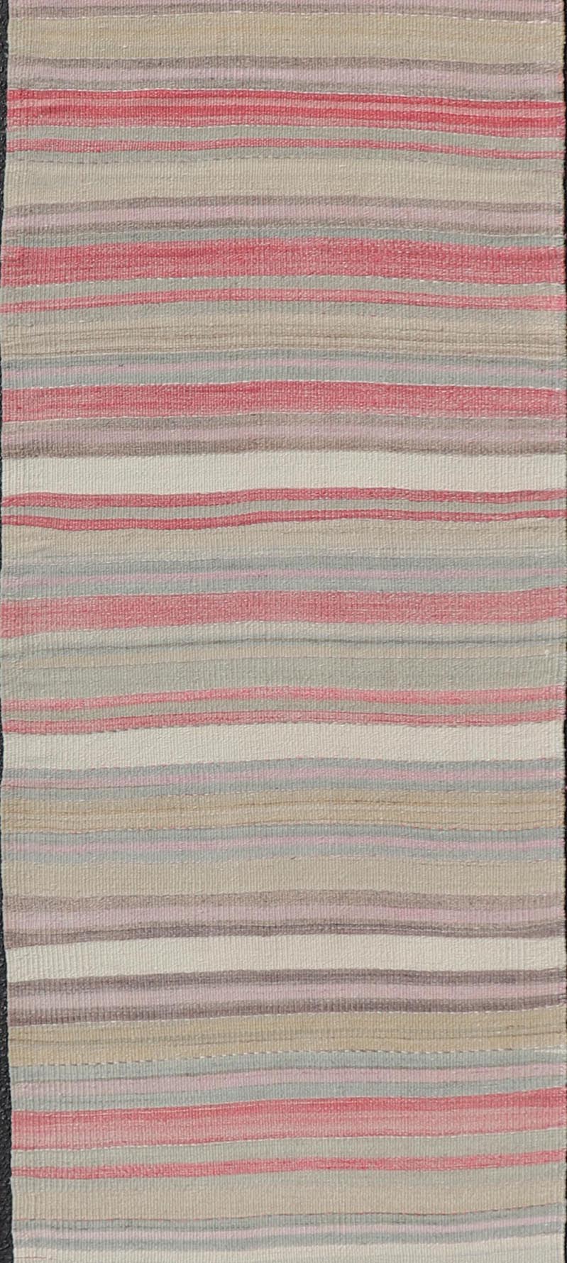 Colorful Vintage Turkish Kilim Runner with Stripes and Multi Colors. Keivan Woven Arts / rug EN - 178649, country of origin / type: Turkey / Kilim, circa Mid - 20th century. Measures: 2'6 x 13'5 Featuring a repeating horizontal stripe design, this u... - Keivan Woven ArtsEN - 178649 - 23637Rug