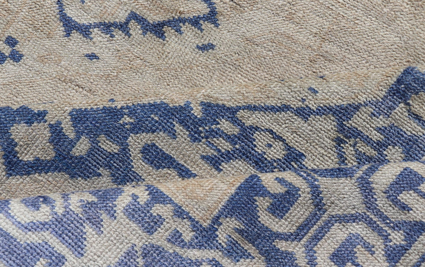 Turkish Oushak Gallery Rug in Blue and Cream with Geometric Design Measures: 4'6 x 12'6 This vintage Oushak gallery runner features blue medallions on a sandy - taupe field. The border and central medallions are both rendered in a rich me... - Keivan Woven ArtsEN - 178699 - 18896Rug
