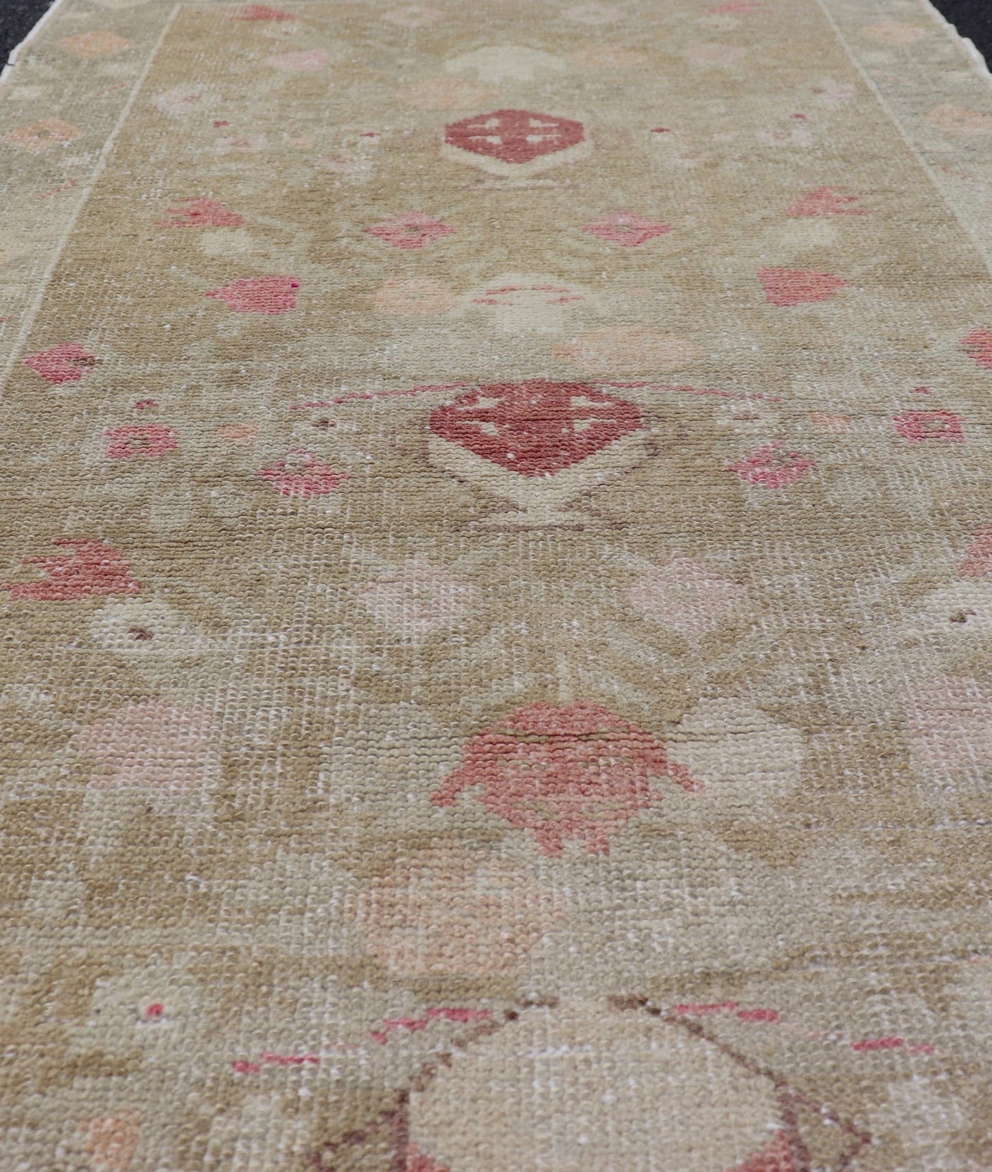 Turkish Oushak Carpet with Colorful Floral Designs Set on Sand - Green Field. Angora Turkish Oushak Carpet Antique, Keivan oven Arts/rug EN - 178785, country of origin / type: Turkey / Oushak, circa mid - 20th Century. Measures: 2'8 x 4'9 This... - Keivan Woven ArtsEN - 178785 - 23839Rug