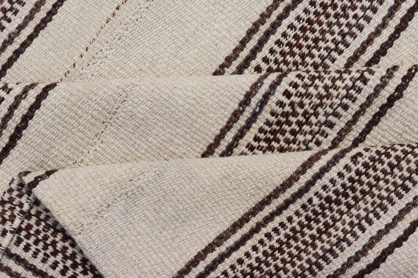 Stripe Design Turkish Vintage Flat - Weave Rug in Brown and Ivory. Keivan Woven Arts / rug EN - 178786, country of origin / type: Turkey / Kilim, circa 1950 Measures: 4'5 x 5'1 Woven during the early - 20th century in Turkey, this Kilim is decorated w... - Keivan Woven ArtsEN - 178786 - 24187Rug
