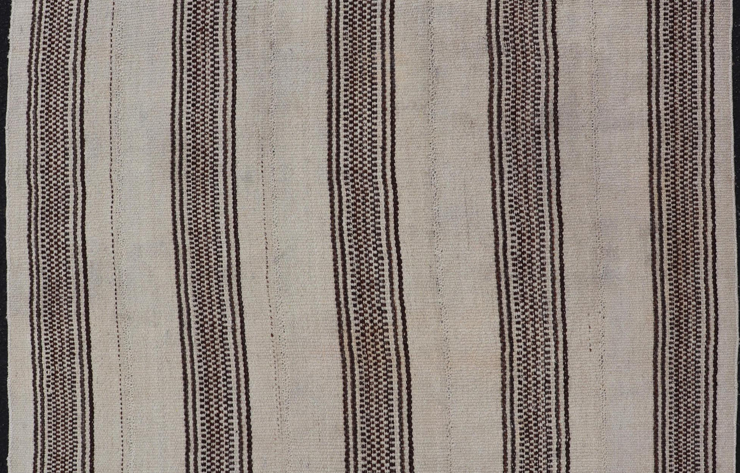 Stripe Design Turkish Vintage Flat - Weave Rug in Brown and Ivory. Keivan Woven Arts / rug EN - 178786, country of origin / type: Turkey / Kilim, circa 1950 Measures: 4'5 x 5'1 Woven during the early - 20th century in Turkey, this Kilim is decorated w... - Keivan Woven ArtsEN - 178786 - 24187Rug