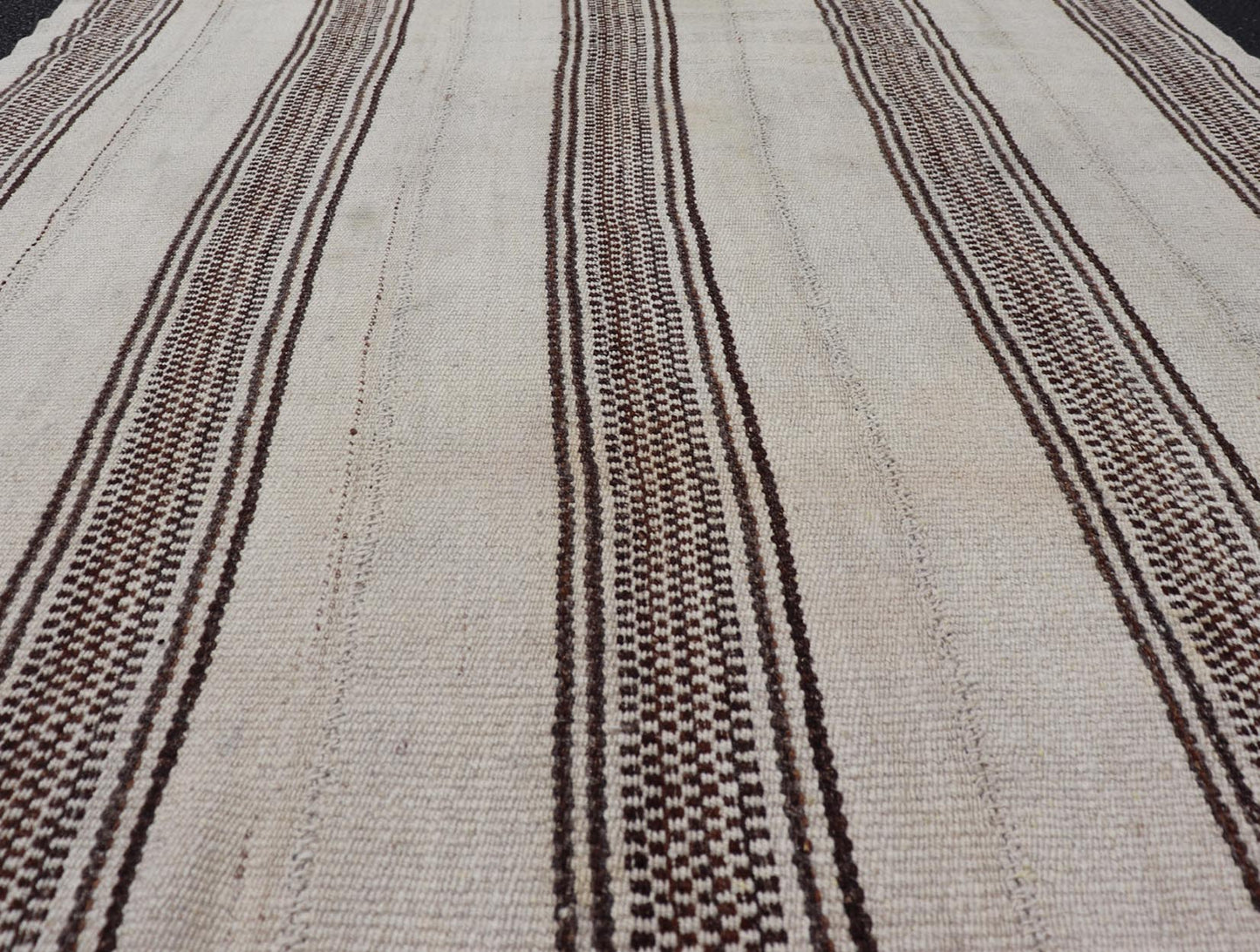 Stripe Design Turkish Vintage Flat - Weave Rug in Brown and Ivory. Keivan Woven Arts / rug EN - 178786, country of origin / type: Turkey / Kilim, circa 1950 Measures: 4'5 x 5'1 Woven during the early - 20th century in Turkey, this Kilim is decorated w... - Keivan Woven ArtsEN - 178786 - 24187Rug