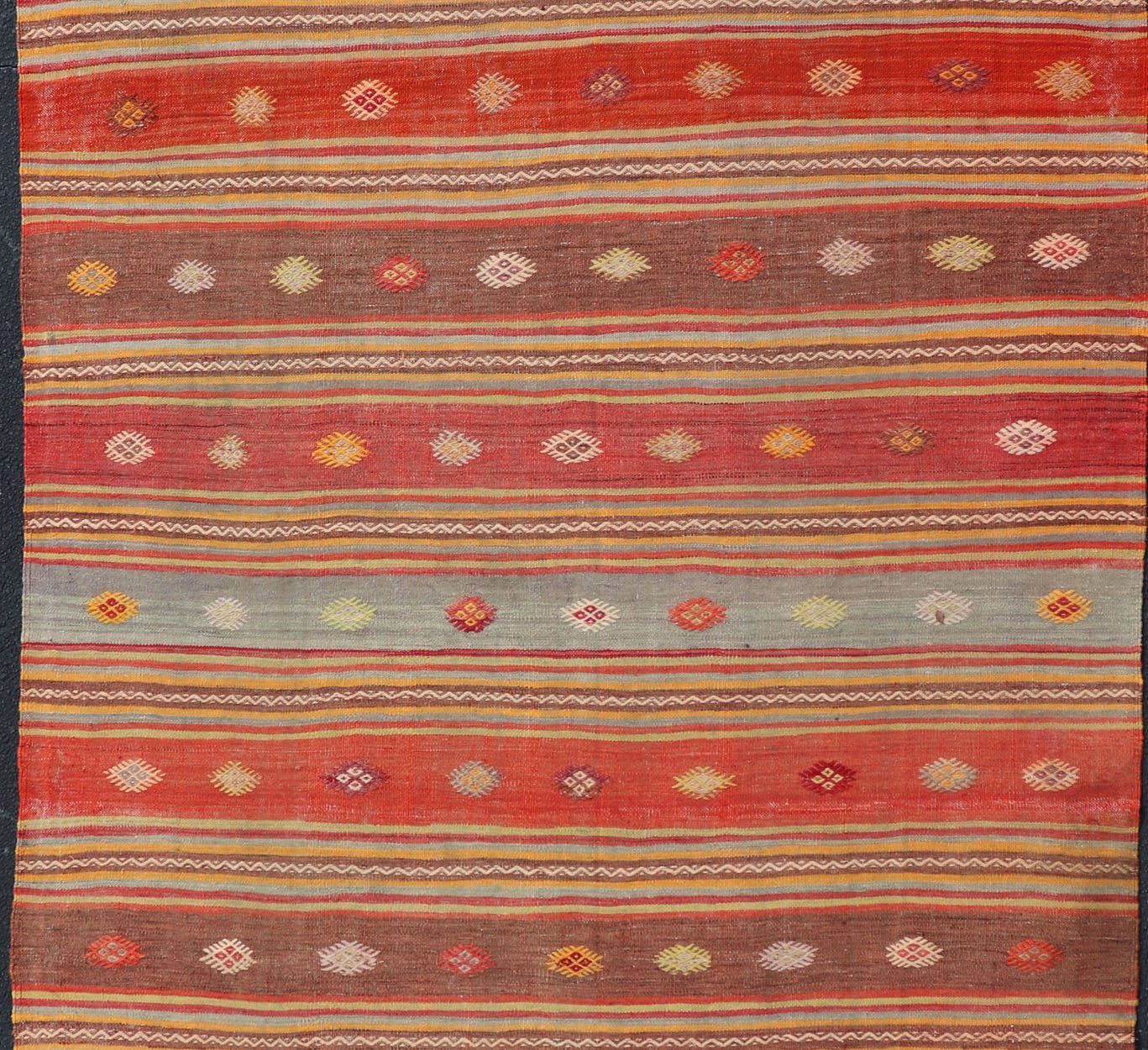Colorful Vintage Turkish Embroidered Kilim with Stripes and Geometric Motifs. Keivan Woven Arts / rug EN - 178880, country of origin / type: Turkey / Kilim, circa 1940 This vintage Turkish flat - woven Kilim features a minimalist design rendered in ... - Keivan Woven ArtsEN - 178880 - 17520Rug