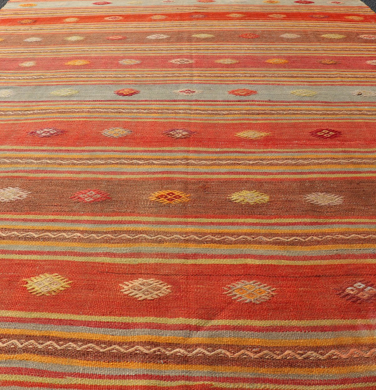 Colorful Vintage Turkish Embroidered Kilim with Stripes and Geometric Motifs. Keivan Woven Arts / rug EN - 178880, country of origin / type: Turkey / Kilim, circa 1940 This vintage Turkish flat - woven Kilim features a minimalist design rendered in ... - Keivan Woven ArtsEN - 178880 - 17520Rug
