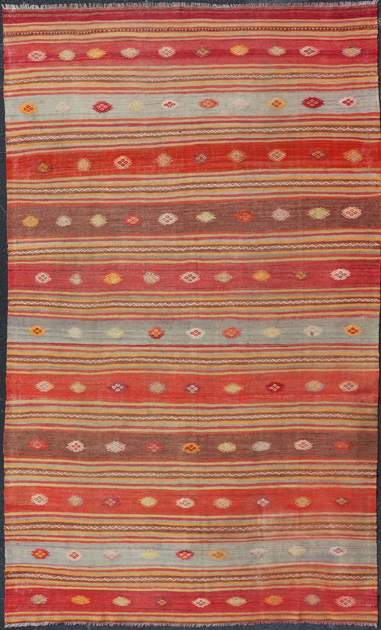 Colorful Vintage Turkish Embroidered Kilim with Stripes and Geometric Motifs. Keivan Woven Arts / rug EN - 178880, country of origin / type: Turkey / Kilim, circa 1940 This vintage Turkish flat - woven Kilim features a minimalist design rendered in ... - Keivan Woven ArtsEN - 178880 - 17520Rug