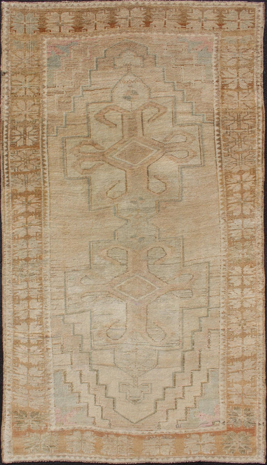 Oushak Vintage Rug with Pastel Colors in Tan, Brown, Butter, Peach, Lt. Blue. Light color Vintage Oushak rug with Central Medallions in Faded colors and medallion geometric design. Rug EN - 179021, country of origin / type: Turkey / Oushak, circa... - Keivan Woven ArtsEN - 179021 - 12541Rug